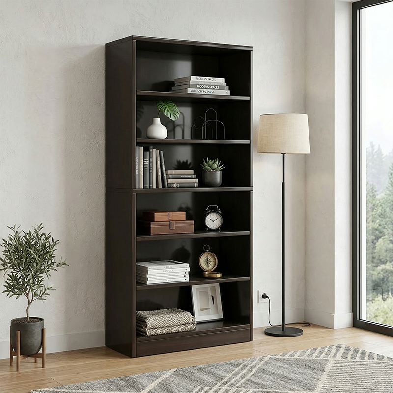 Bibliothèque rectangulaire minimaliste moderne en bois massif et panneau écologique à 6 niveaux pour la maison et le bureau 