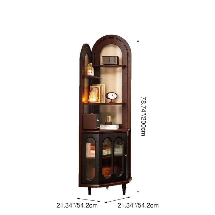 Étagère d'angle en verre et bois de pin massif, style traditionnel vintage, ovale, cintrée, rectangulaire, 1 placard, 6 niveaux, pour salon 