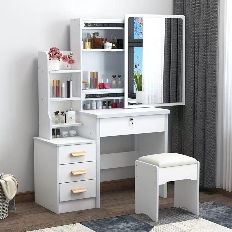 Moderner minimalistischer rechteckiger Schminkschrank aus mitteldichter Faserplatte und Glas mit 4 Schubladen für das Schlafzimmer 