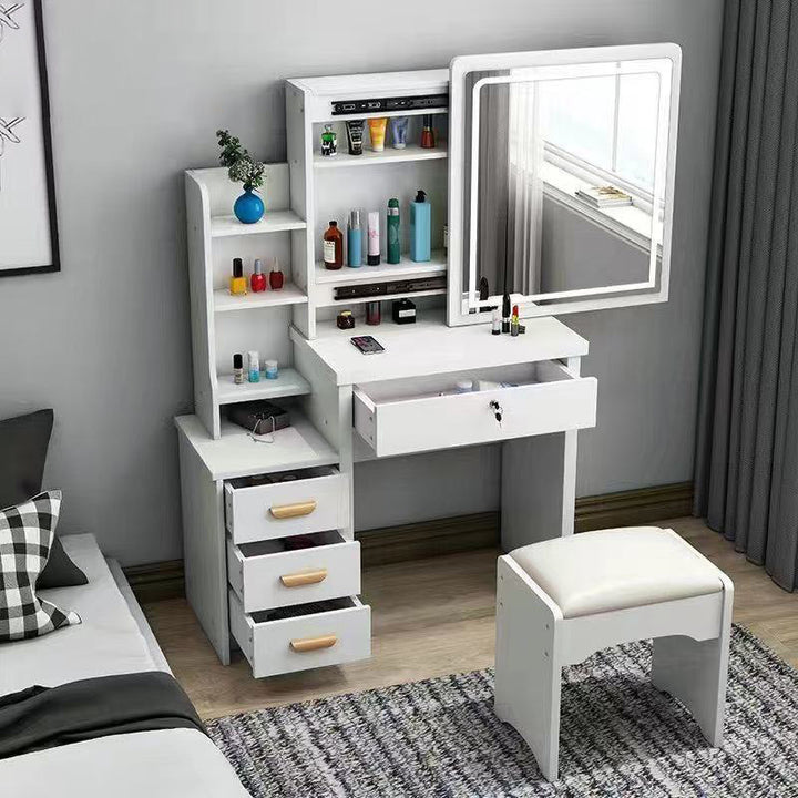 Moderner minimalistischer rechteckiger Schminkschrank aus mitteldichter Faserplatte und Glas mit 4 Schubladen für das Schlafzimmer 