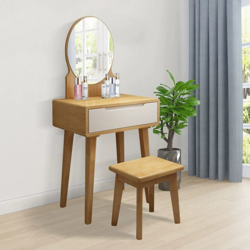 Contemporary Nordic Rectangular Oval Rubberwood Solid Wood Plywood Pine Glass Makeup Vanity 1/4 Drawer For Bedroom