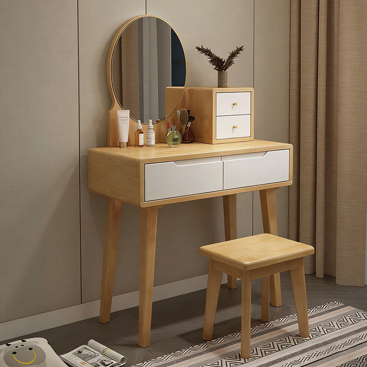 Contemporary Nordic Rectangular Oval Rubberwood Solid Wood Plywood Pine Glass Makeup Vanity 1/4 Drawer For Bedroom
