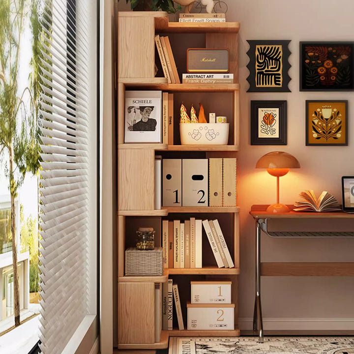 Modern Minimalist Rectangular Rubberwood Eco-Friendly Board Bookshelf Corner Shelf Unit 5/6 Tiers For Home &amp; Office