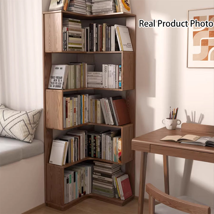 Modern Minimalist Rectangular Rubberwood Eco-Friendly Board Bookshelf Corner Shelf Unit 5/6 Tiers For Home &amp; Office