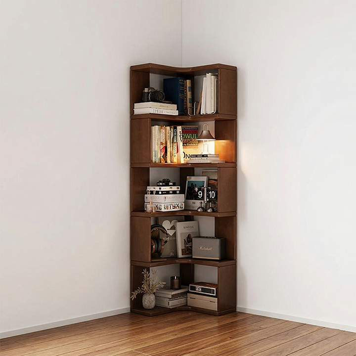 Modern Minimalist Rectangular Rubberwood Eco-Friendly Board Bookshelf Corner Shelf Unit 5/6 Tiers For Home &amp; Office