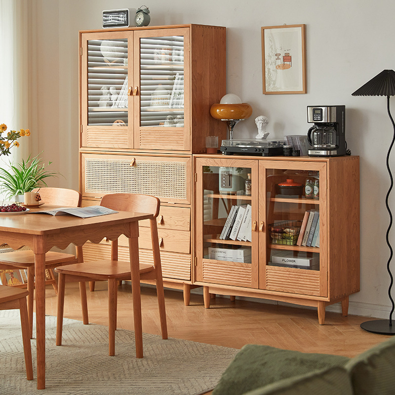 Moderne nordische rechteckige Aufbewahrungsschrank aus massivem Kiefernholz, Sperrholz, Natur-Rattan und gehärtetem Glas mit 6 Schubladen für das Wohnzimmer 