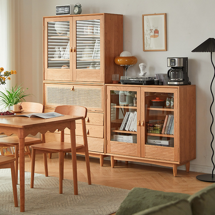 Moderne nordische rechteckige Aufbewahrungsschrank aus massivem Kiefernholz, Sperrholz, Natur-Rattan und gehärtetem Glas mit 6 Schubladen für das Wohnzimmer 