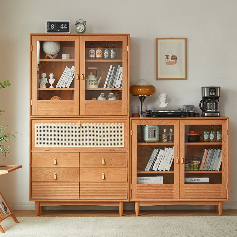 Moderne nordische rechteckige Aufbewahrungsschrank aus massivem Kiefernholz, Sperrholz, Natur-Rattan und gehärtetem Glas mit 6 Schubladen für das Wohnzimmer 