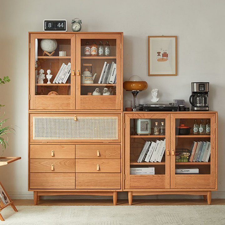 Moderne nordische rechteckige Aufbewahrungsschrank aus massivem Kiefernholz, Sperrholz, Natur-Rattan und gehärtetem Glas mit 6 Schubladen für das Wohnzimmer 