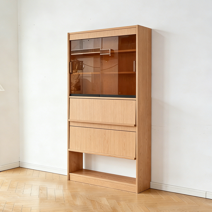 Étagère contemporaine scandinave rectangulaire en contreplaqué de bois de cerisier et verre, 6 niveaux, pour bureau à domicile 