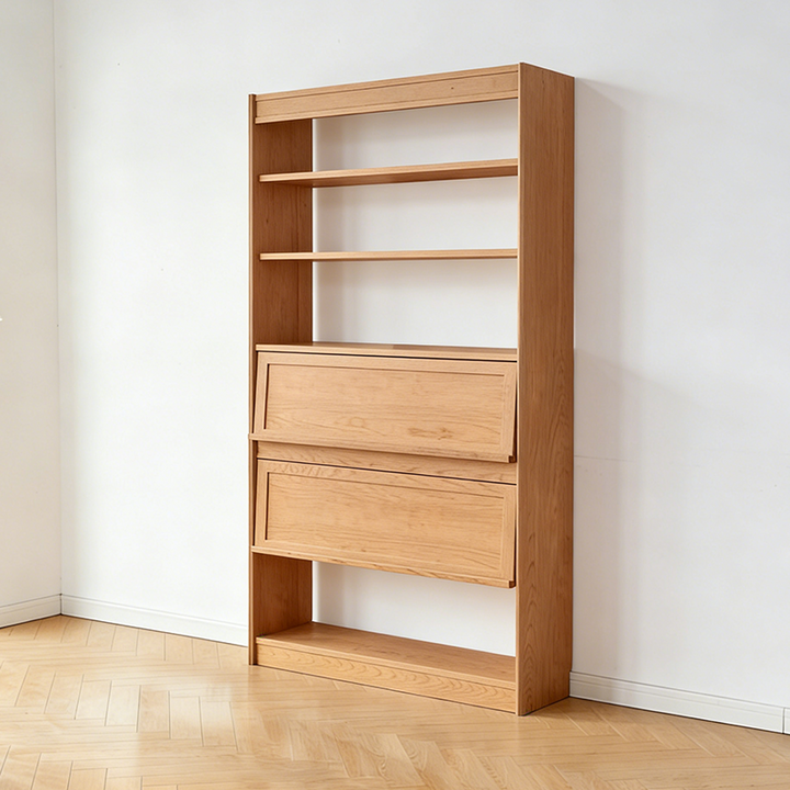 Étagère contemporaine scandinave rectangulaire en contreplaqué de bois de cerisier et verre, 6 niveaux, pour bureau à domicile 