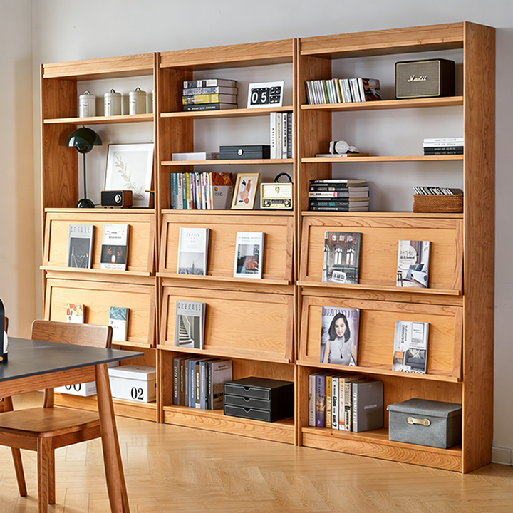 Étagère contemporaine scandinave rectangulaire en contreplaqué de bois de cerisier et verre, 6 niveaux, pour bureau à domicile 