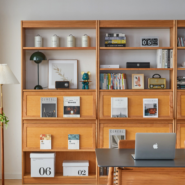 Étagère contemporaine scandinave rectangulaire en contreplaqué de bois de cerisier et verre, 6 niveaux, pour bureau à domicile 