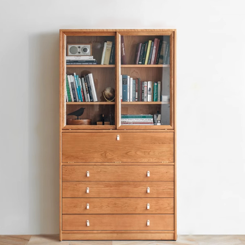 Armoire de rangement contemporaine nordique rectangulaire en bois de cerisier, contreplaqué et verre, 4 tiroirs, pour salon 