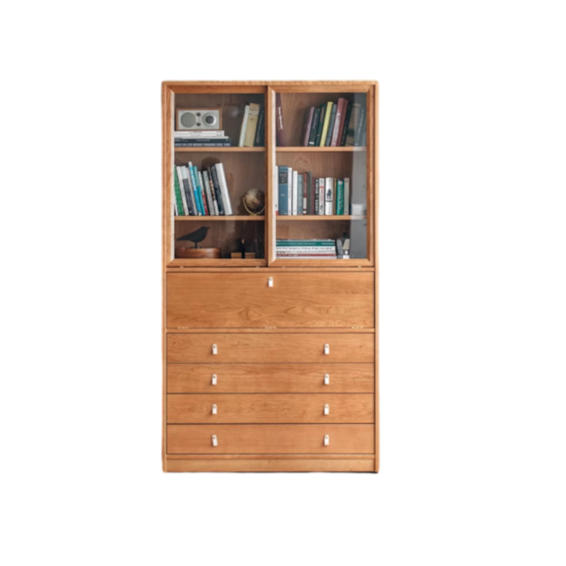 Armoire de rangement contemporaine nordique rectangulaire en bois de cerisier, contreplaqué et verre, 4 tiroirs, pour salon 