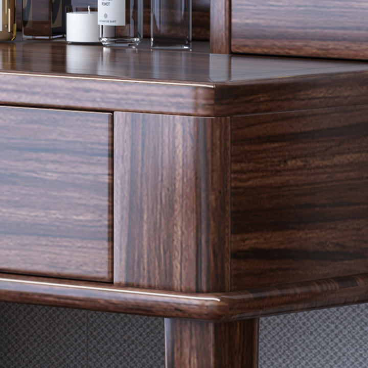 Traditional Chinese Rectangular Round Zebrawood Brass Plywood Glass Extendable Makeup Vanity 6-Drawer For Bedroom