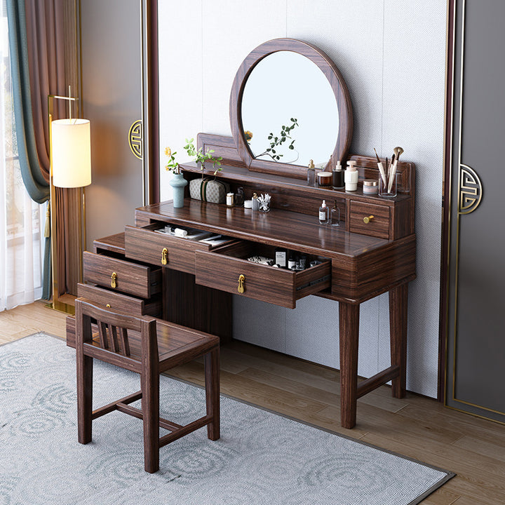 Traditional Chinese Rectangular Round Zebrawood Brass Plywood Glass Extendable Makeup Vanity 6-Drawer For Bedroom