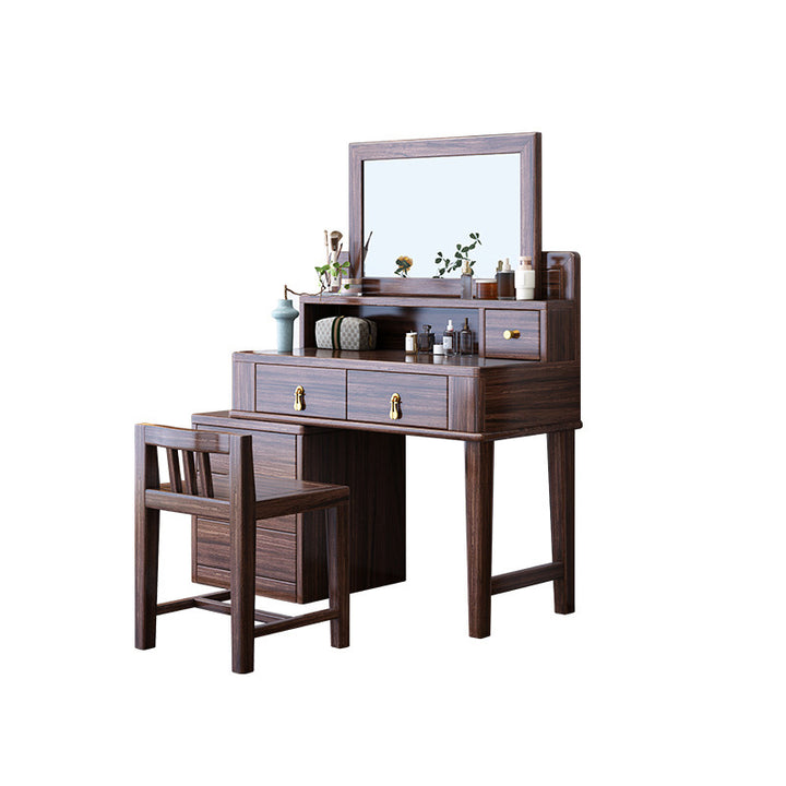Traditional Chinese Rectangular Round Zebrawood Brass Plywood Glass Extendable Makeup Vanity 6-Drawer For Bedroom
