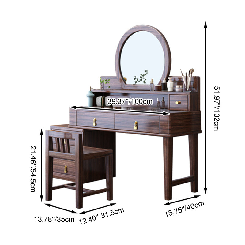 Traditional Chinese Rectangular Round Zebrawood Brass Plywood Glass Extendable Makeup Vanity 6-Drawer For Bedroom