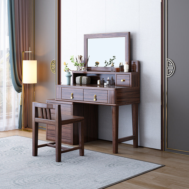 Traditional Chinese Rectangular Round Zebrawood Brass Plywood Glass Extendable Makeup Vanity 6-Drawer For Bedroom