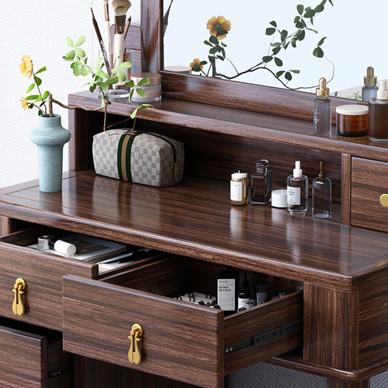 Traditional Chinese Rectangular Round Zebrawood Brass Plywood Glass Extendable Makeup Vanity 6-Drawer For Bedroom