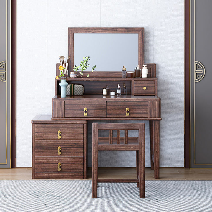 Traditional Chinese Rectangular Round Zebrawood Brass Plywood Glass Extendable Makeup Vanity 6-Drawer For Bedroom