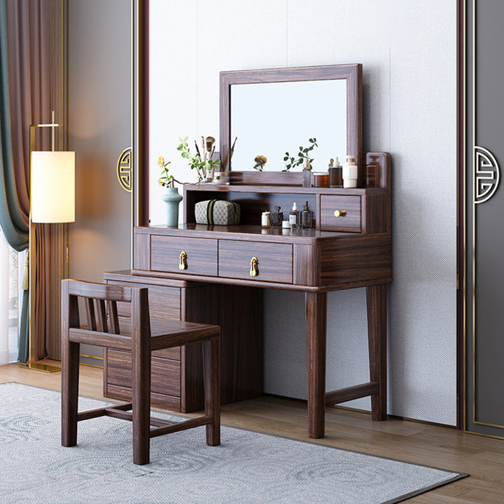 Traditional Chinese Rectangular Round Zebrawood Brass Plywood Glass Extendable Makeup Vanity 6-Drawer For Bedroom