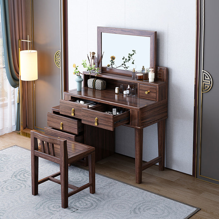 Traditional Chinese Rectangular Round Zebrawood Brass Plywood Glass Extendable Makeup Vanity 6-Drawer For Bedroom