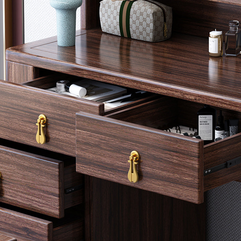 Traditional Chinese Rectangular Round Zebrawood Brass Plywood Glass Extendable Makeup Vanity 6-Drawer For Bedroom