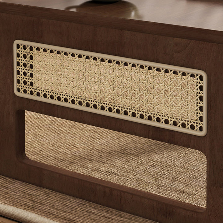 Mesa de centro rectangular plegable de madera de caucho y ratán, estilo japonés tradicional, de 1 nivel para sala de estar 