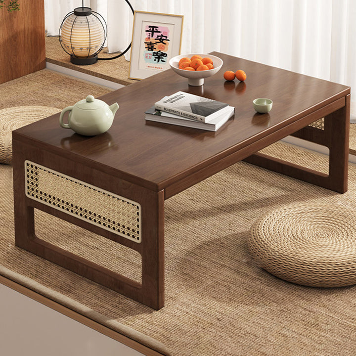Mesa de centro rectangular plegable de madera de caucho y ratán, estilo japonés tradicional, de 1 nivel para sala de estar 
