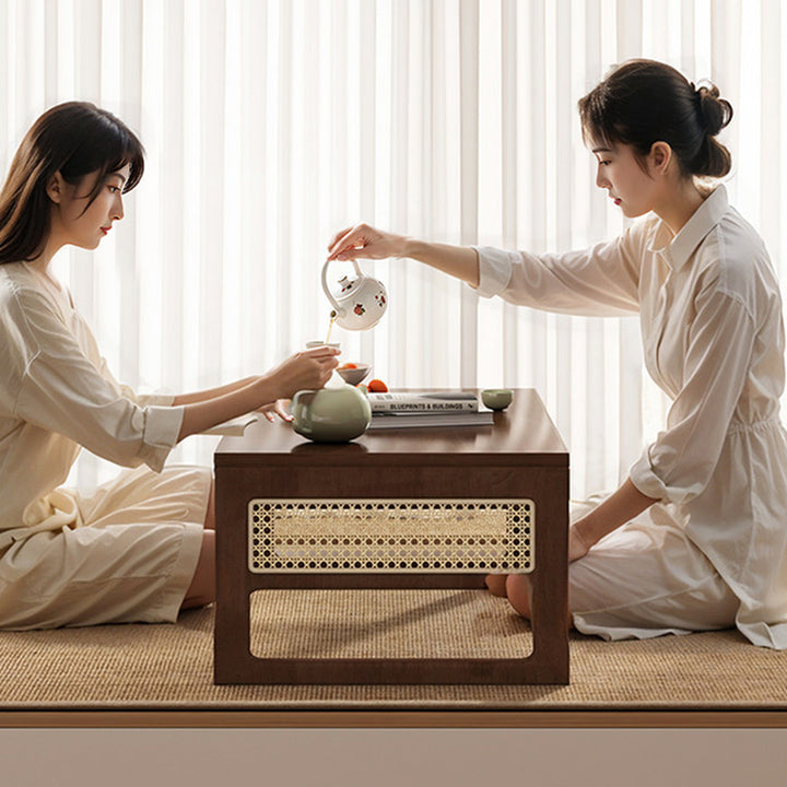 Mesa de centro rectangular plegable de madera de caucho y ratán, estilo japonés tradicional, de 1 nivel para sala de estar 