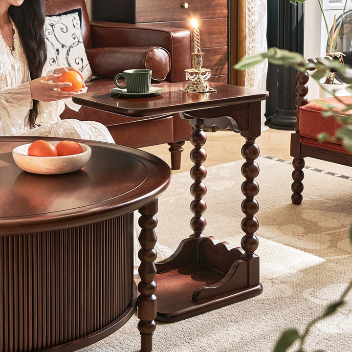 Traditional French Rectangular Spherical Solid Walnut Wood Side Table 2-Tier For Living Room