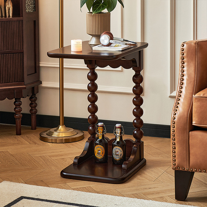 Traditional French Rectangular Spherical Solid Walnut Wood Side Table 2-Tier For Living Room