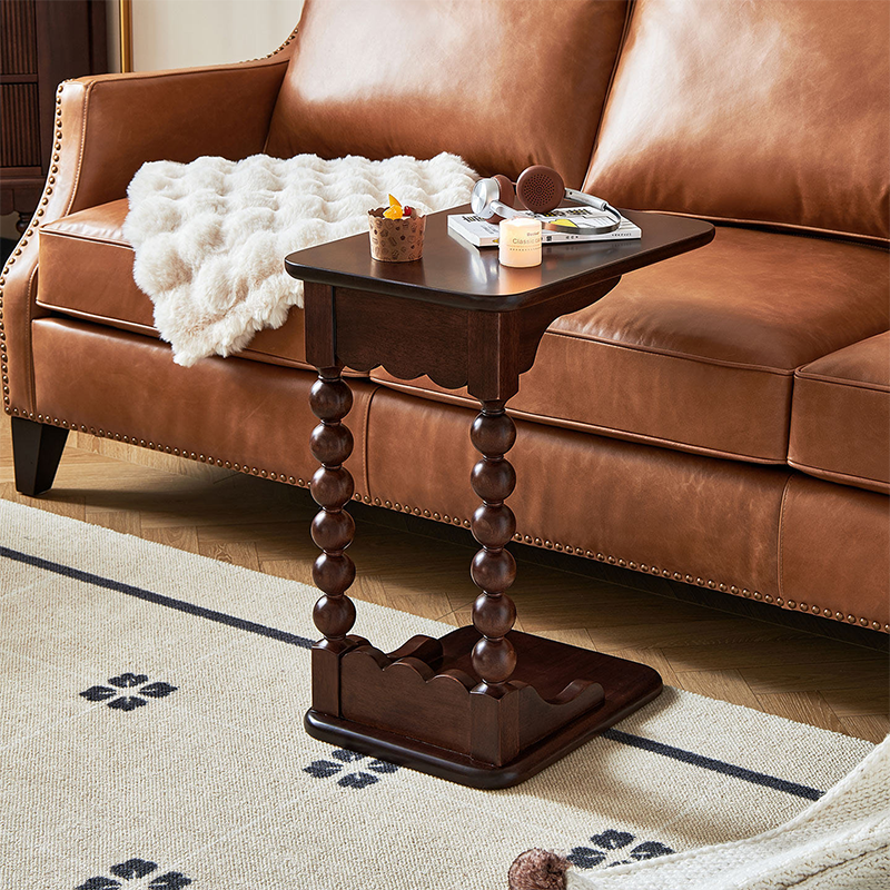 Traditional French Rectangular Spherical Solid Walnut Wood Side Table 2-Tier For Living Room