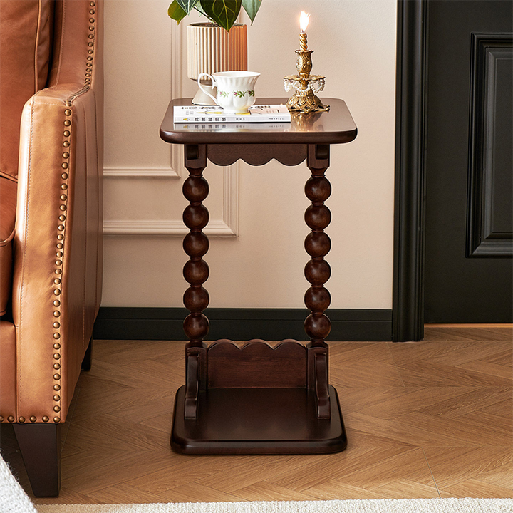 Traditional French Rectangular Spherical Solid Walnut Wood Side Table 2-Tier For Living Room