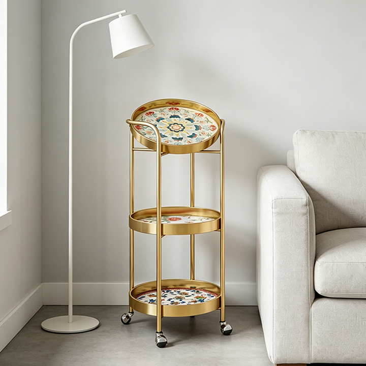 Contemporary Luxury Round Cylindrical Iron Mobile Side Table 3-Tier For Living Room