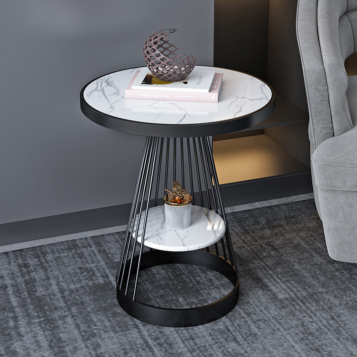 Moderner luxuriöser runder konischer Couchtisch aus Marmor, Sperrholz und Eisen mit 1/2 Ebenen für das Wohnzimmer 