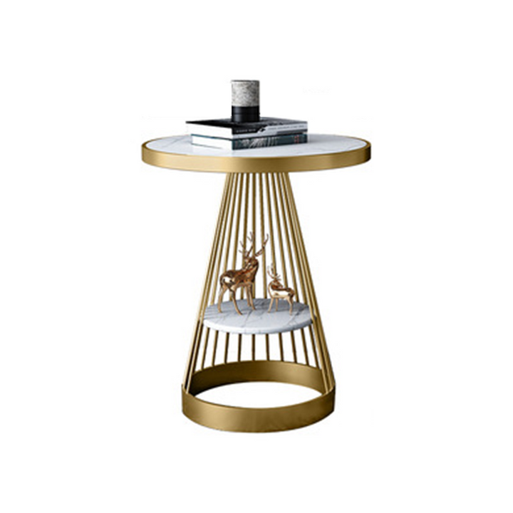 Contemporary Luxury Round Conical Marble Plywood Iron Coffee Table 1/2 Tier For Living Room