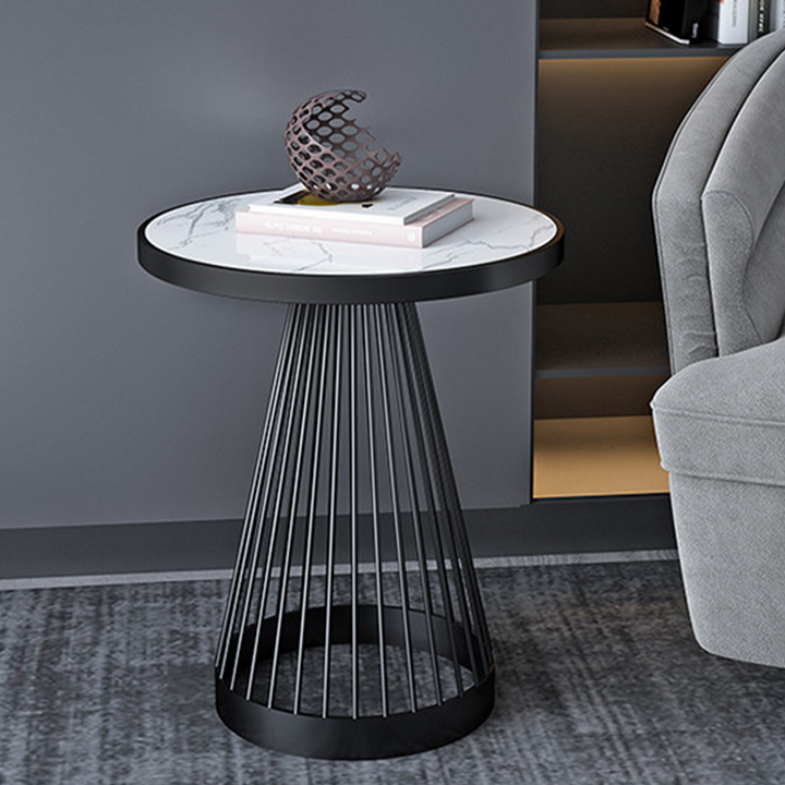 Contemporary Luxury Round Conical Marble Plywood Iron Coffee Table 1/2 Tier For Living Room