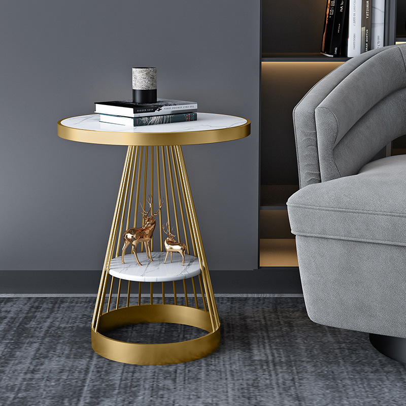 Contemporary Luxury Round Conical Marble Plywood Iron Coffee Table 1/2 Tier For Living Room