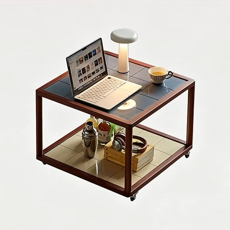 Moderner nordischer quadratischer mobiler Couchtisch aus gehärtetem Glas und Kautschukholz mit 2 Ebenen fürs Wohnzimmer 