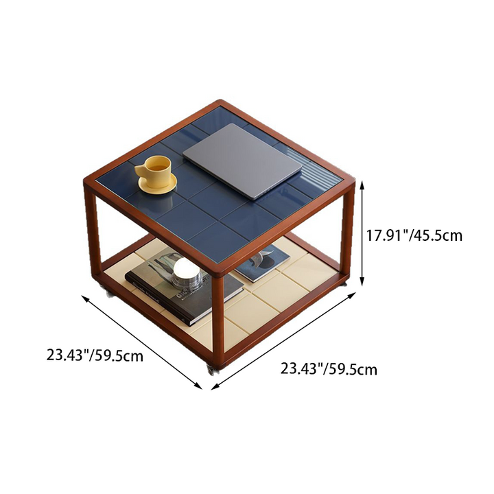 Moderner nordischer quadratischer mobiler Couchtisch aus gehärtetem Glas und Kautschukholz mit 2 Ebenen fürs Wohnzimmer 