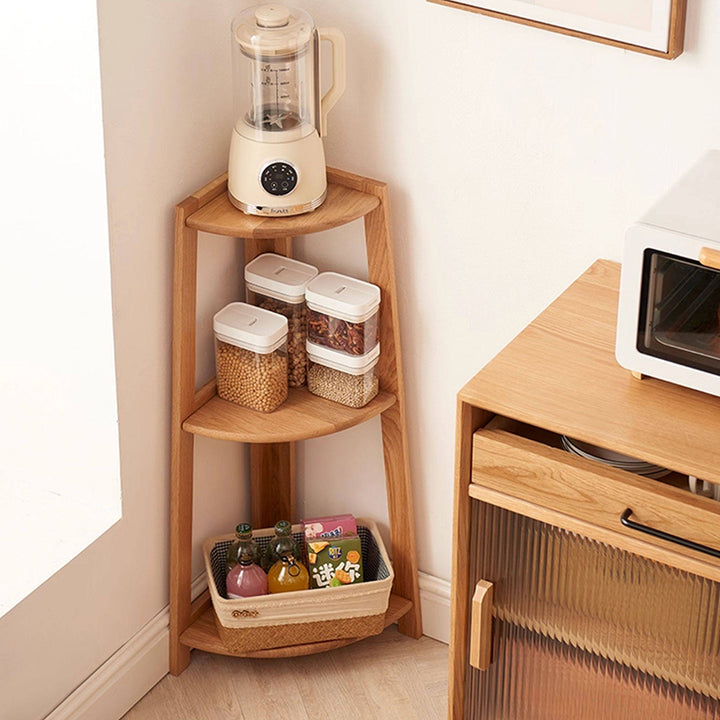 Contemporary Nordic Cylindrical Fan-Shaped Solid Oak Wood Corner Shelf Unit 3-Tier For Living Room