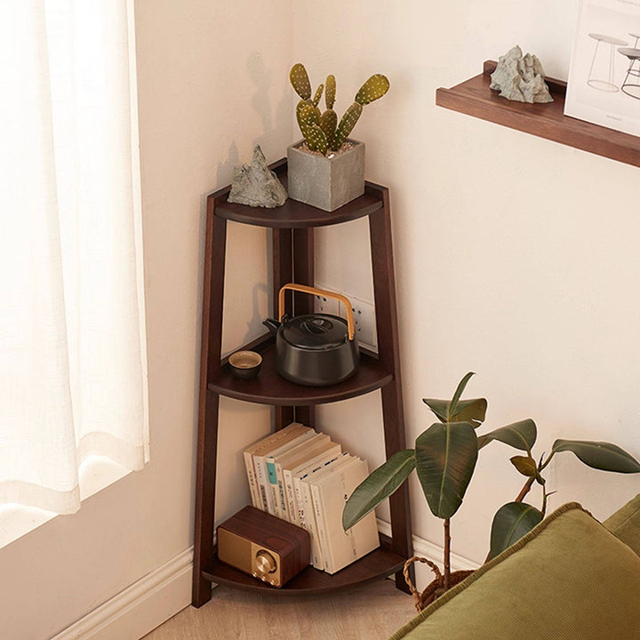 Contemporary Nordic Cylindrical Fan-Shaped Solid Oak Wood Corner Shelf Unit 3-Tier For Living Room