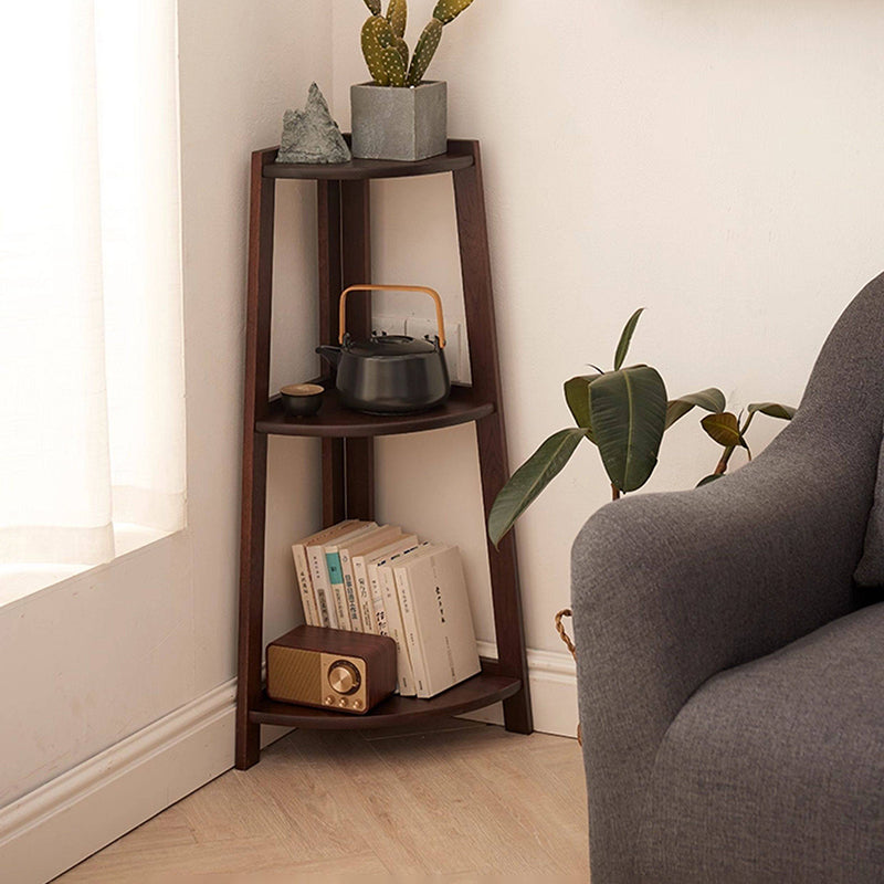Contemporary Nordic Cylindrical Fan-Shaped Solid Oak Wood Corner Shelf Unit 3-Tier For Living Room