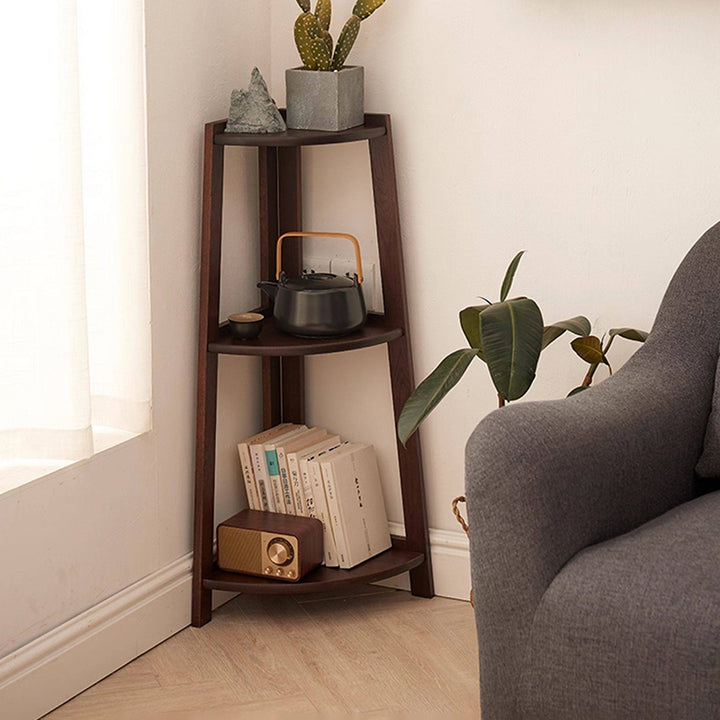 Contemporary Nordic Cylindrical Fan-Shaped Solid Oak Wood Corner Shelf Unit 3-Tier For Living Room