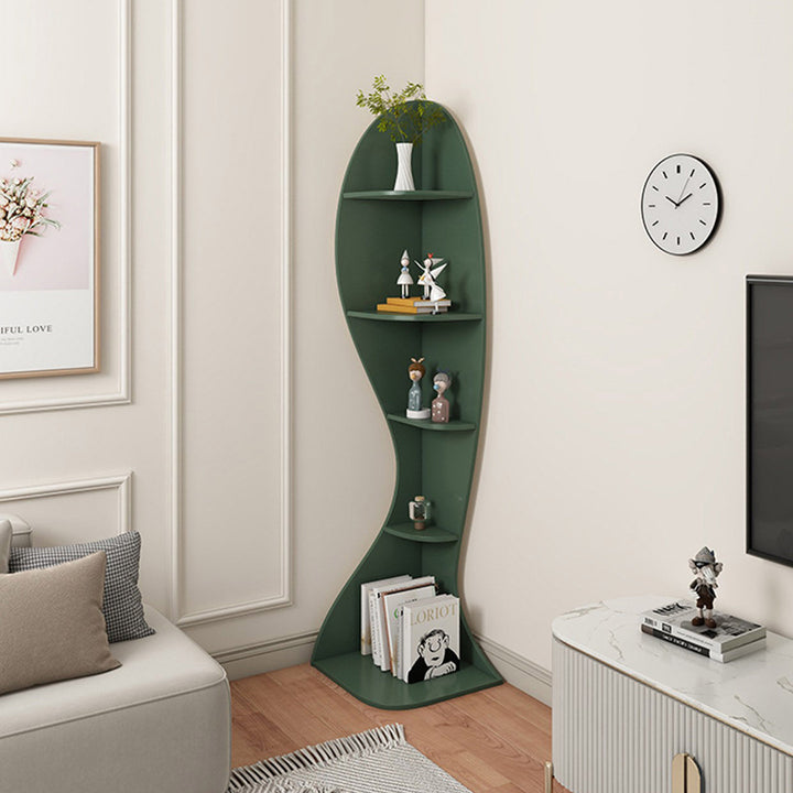 Contemporary Scandinavian Curved Wave-Shaped Particle Board Corner Shelf Unit 5-Tier For Living Room