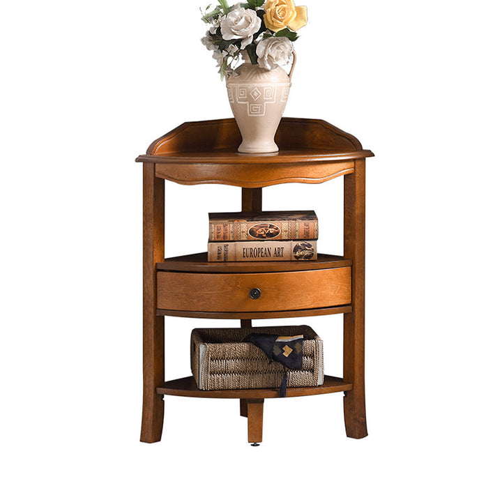 Traditional Chinese Triangular Fan-Shaped Birch Corner Shelf Unit 1-Drawer For Living Room