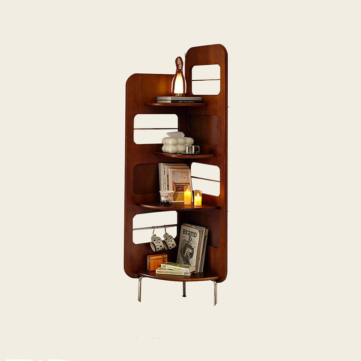 Contemporary Nordic Rectangular Fan-Shaped Rubberwood Stainless Steel Corner Shelf Unit 4-Tier For Living Room